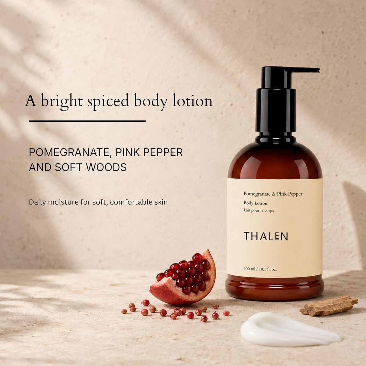 Thalen Pomegranate & Pink Pepper Body Lotion with Niacinamide, Kakadu Plum & Shea Butter, Daily Moisturiser for All Skin Types, Vegan, 300 ml