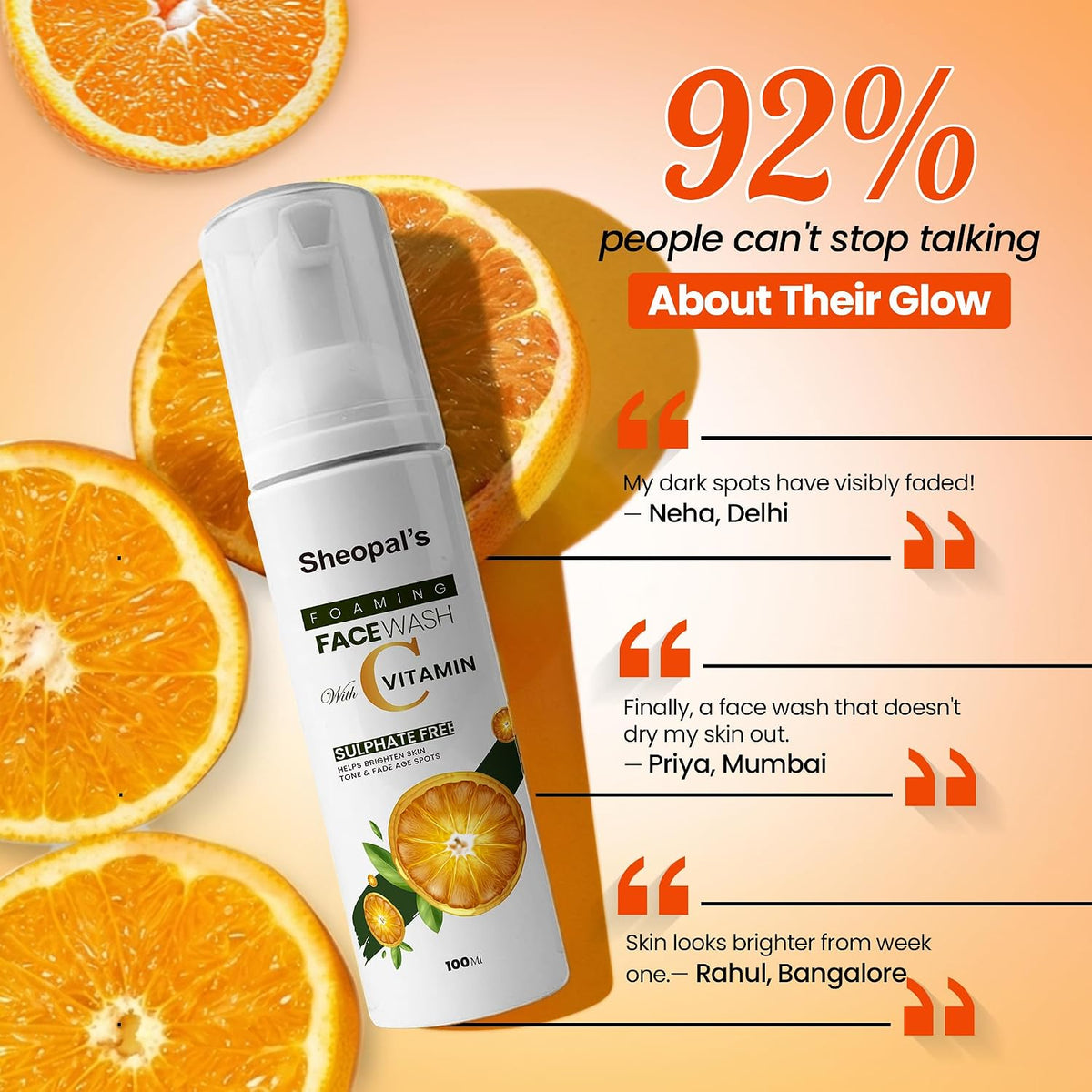 Sheopals Vitamin C Foaming Face Wash | For Acne-Prone Skin & Brightening | With Turmeric, Vitamin C, Aloe Vera & Neem | Gentle Deep Cleanser for Glowing Skin –
