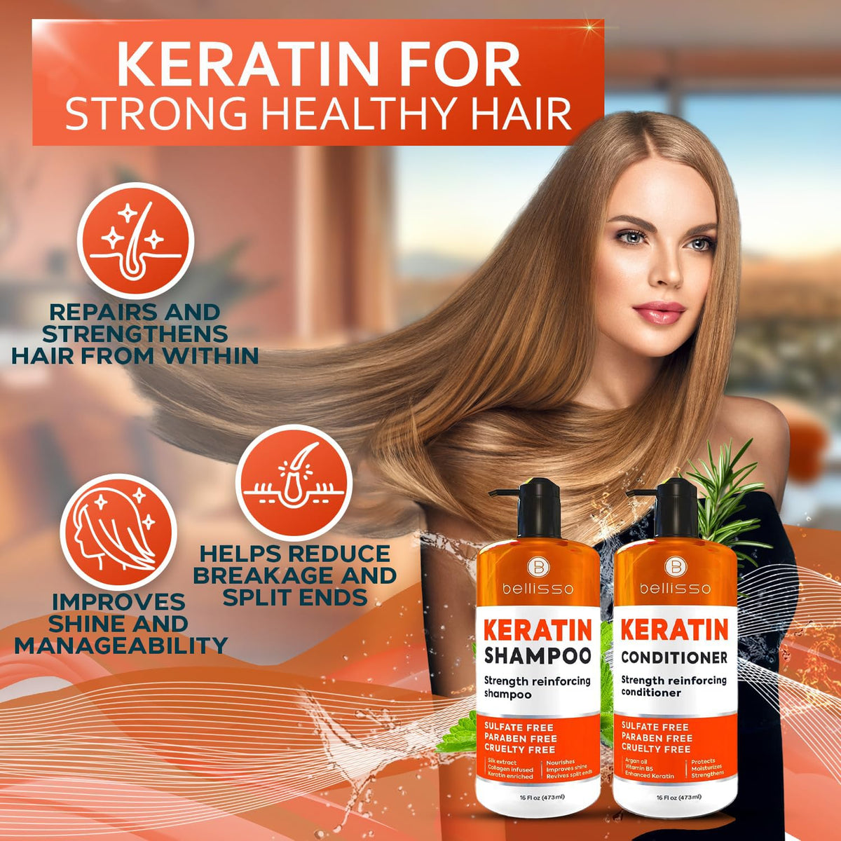 Keratin Shampoo and Conditioner Set - Sulfate Free and Paraben Free - Salon Thickening Treatment for Dry, Damaged, Curly, Frizzy, Straight or Color Treated Hair