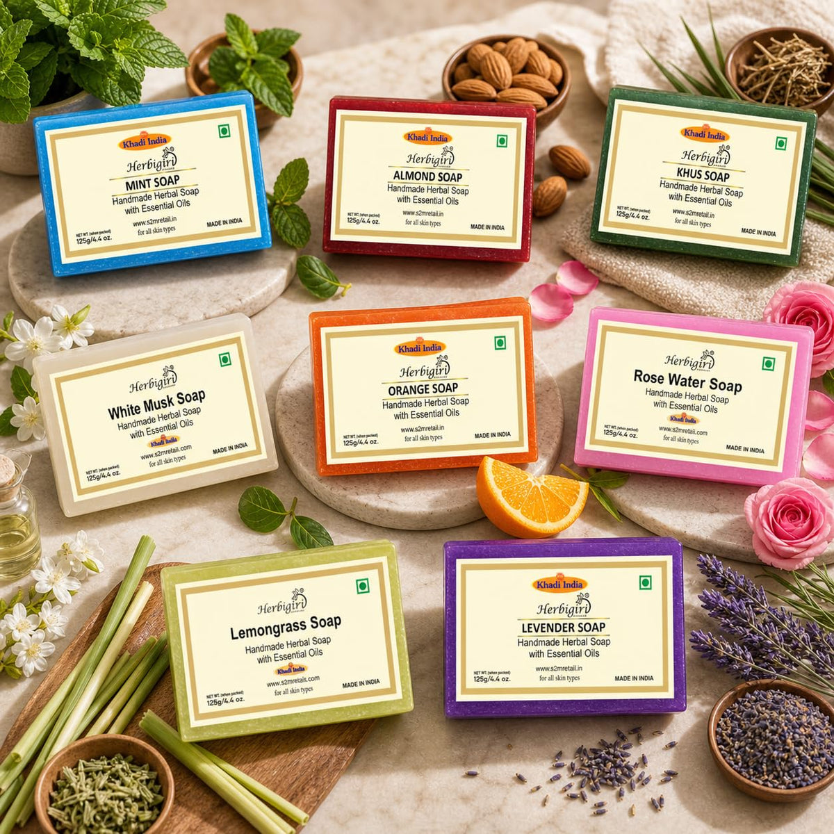 Khadi Bathing Bar Mega Celebration Pack With 8 Unique Bars, 1000g (125g - Pack of 8) with Skin Conditioners For Moisturized Skin| For All Skin Types | Enriched