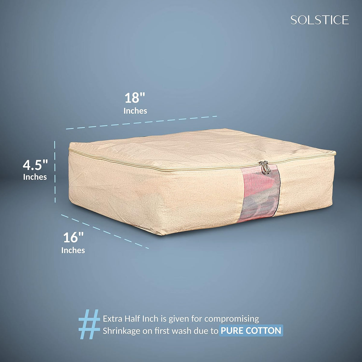 SOLSTICE Cotton Clothes Storage Box/Covers/Bags With Zip (18 X 16 X 4.5 Inch) As Wardrobe Organizer For Huge Silk Saree/Big Lehenga/Dresses/Shirts/Trousers/Gown