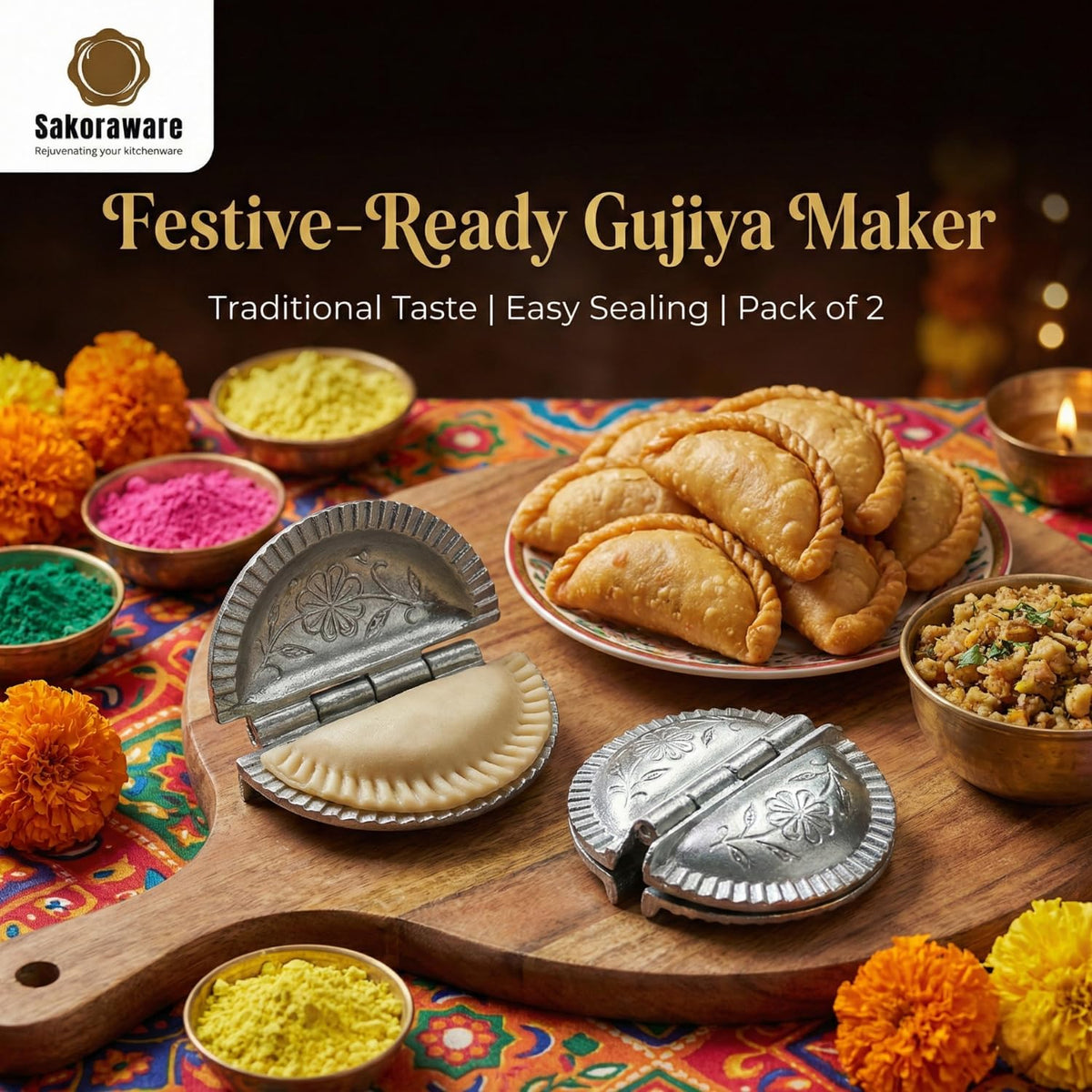 Sakoraware Aluminium Gujiya Karanji Dumpling Maker | Gujia Karjikai Kadubu Kollukattai Mould Cutter Sacha Machine Kitchen Molds for Ganesh Chaturthi Holi Diwali