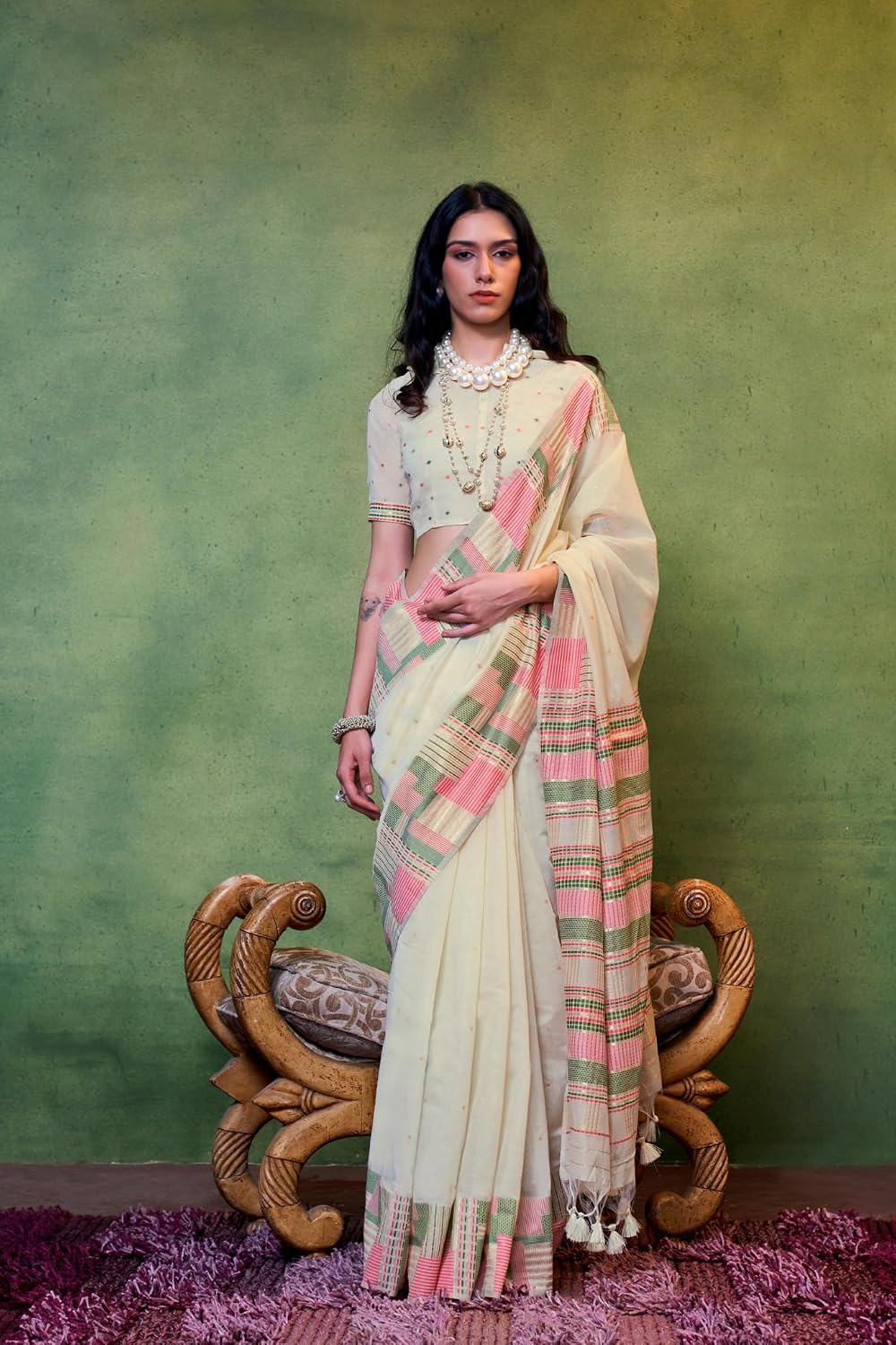 SGF11 Women's Kanjivaram Soft Cotton Linen Silk Sarees With Unstitched Blouse Piece 6.3metres (Cream)