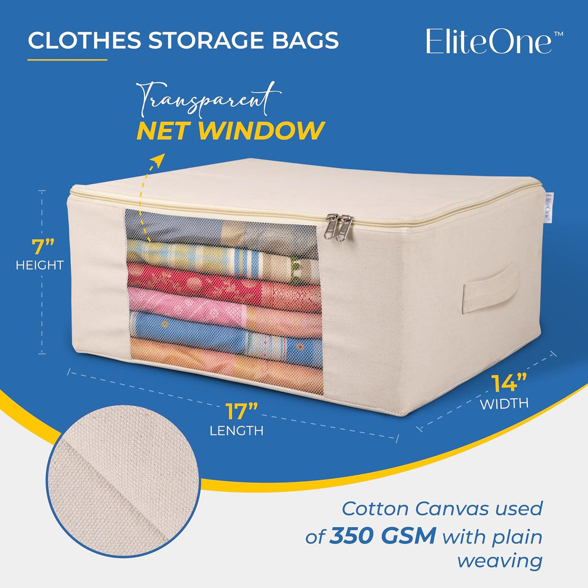 EliteOne Cotton Canvas Clothes Storage Bags/Saree Covers with Zip for Storage Specially Design for Woman Dresses, Sarees, Lehengas for Wardrobe Organizer (17 x