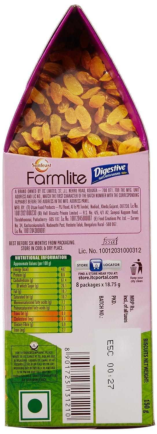 Sunfeast Farmlite Digestive Oats with Raisins Biscuits, 150g