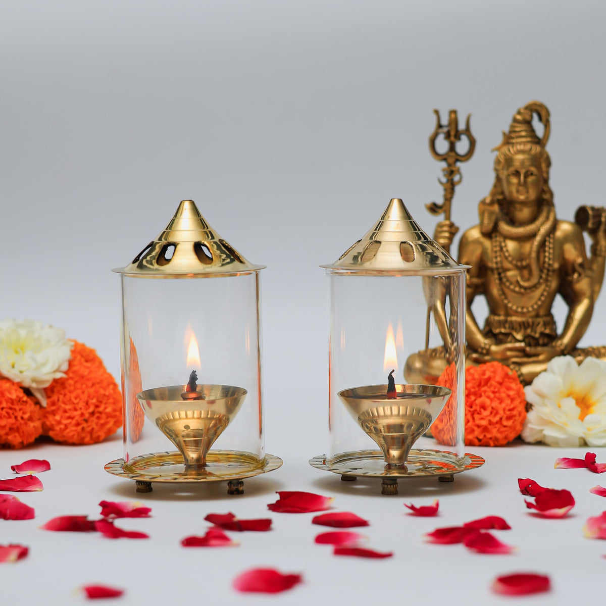 Klassic Navjyoti 4 Inch Akhand Diya Set with Borosilicate Glass Shade | Brass Oil Lamp for Mandir & Pooja | Decorative Diya with Glass Cover,Wick Holder for Poo