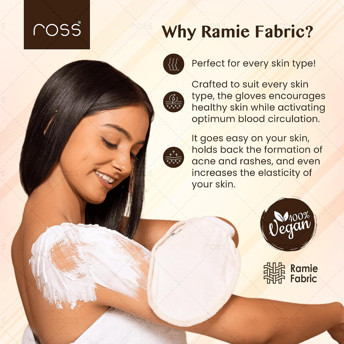 Ross Natural Ramie Bath Glove Scrubber Gentle Exfoliating Glove For Deep Cleansing, High-lather Foam, And Smooth, Refreshed Skin Perfect For Removing Dead Skin