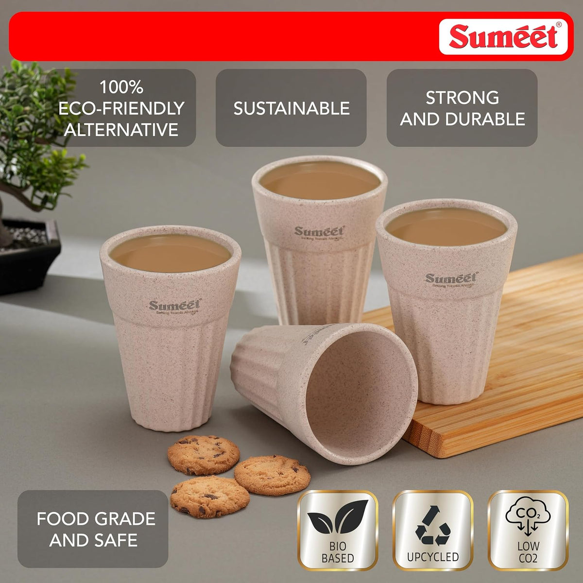 Sumeet eco-Friendly Cutting chai Cups, 200 ml, Set of 4, Ivory – Rice Husk & Bamboo Fiber Build, Strong, Reusable, Microwave & Dishwasher Safe, Ideal for Tea, C