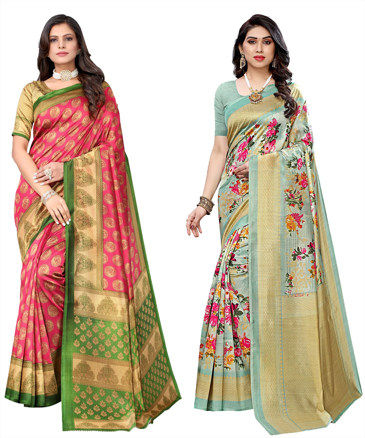 Yashika 2 Pack Women Silk Printed Sarees with Blouse (Alifa Pink/Light Green)