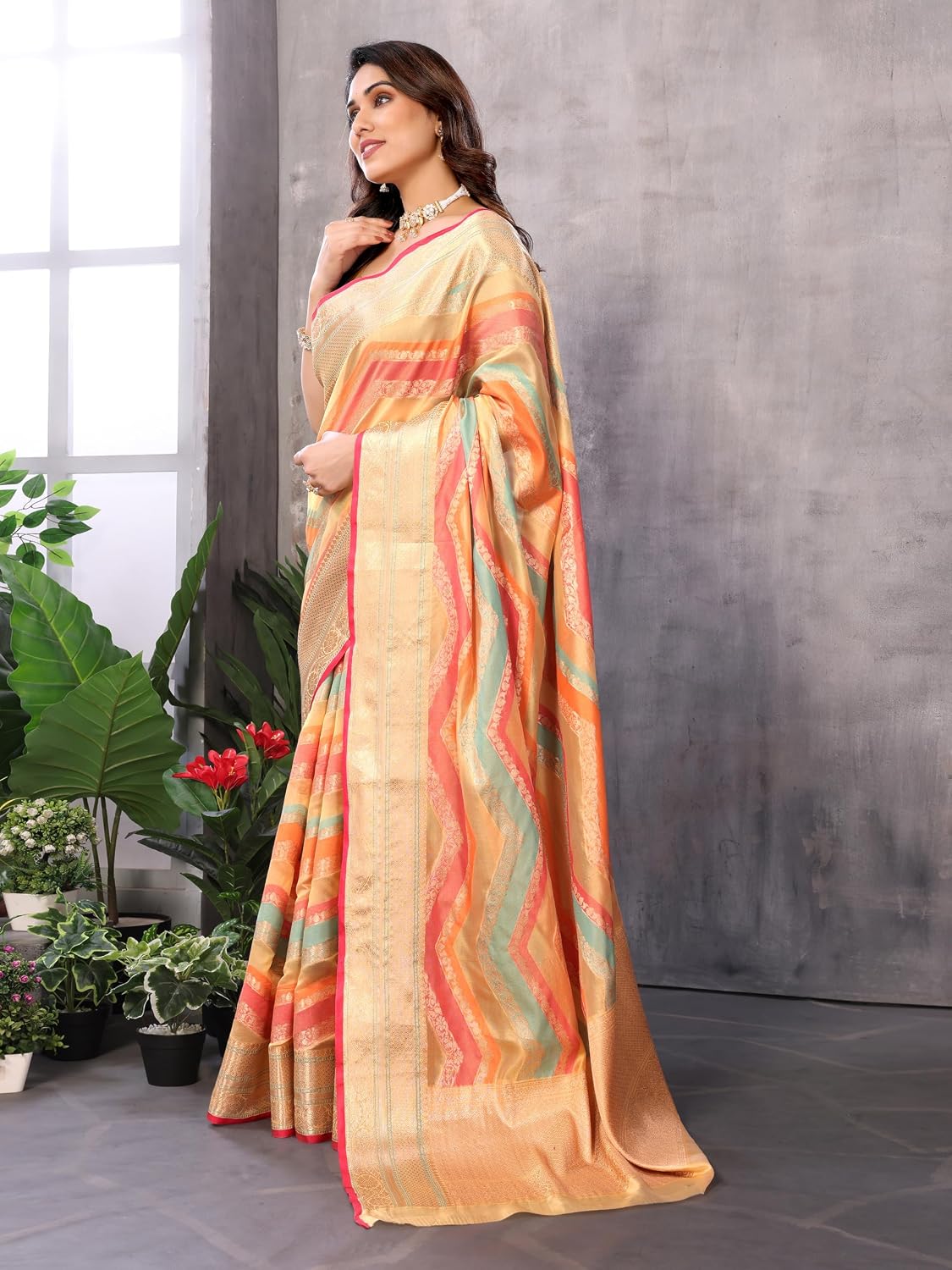 Sidhidata Women's Organza Golden Zari Jacquard Boarder & Pallu ZigZag Saree With Unstitched Blouse Piece (Maharani) Chikoo