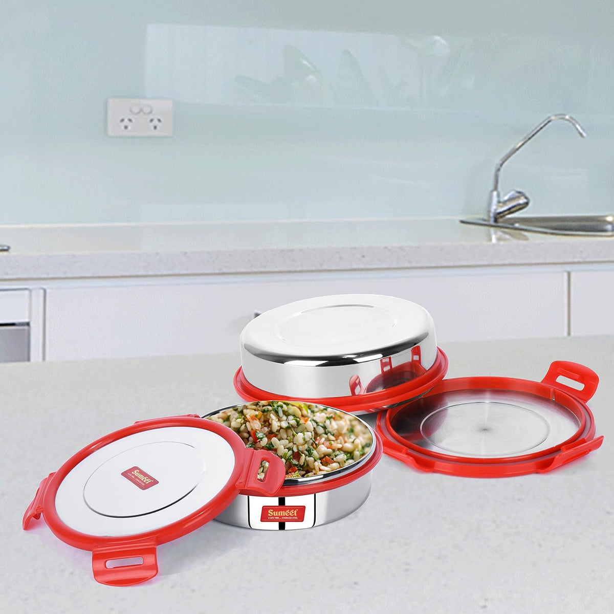 Sumeet Airtight & Leak Proof Steelexo S. S. Containers/Lunch Box with Stainless Steel Lid - Size 600ML Set of 2pc -Red 2PC Red - 600ML