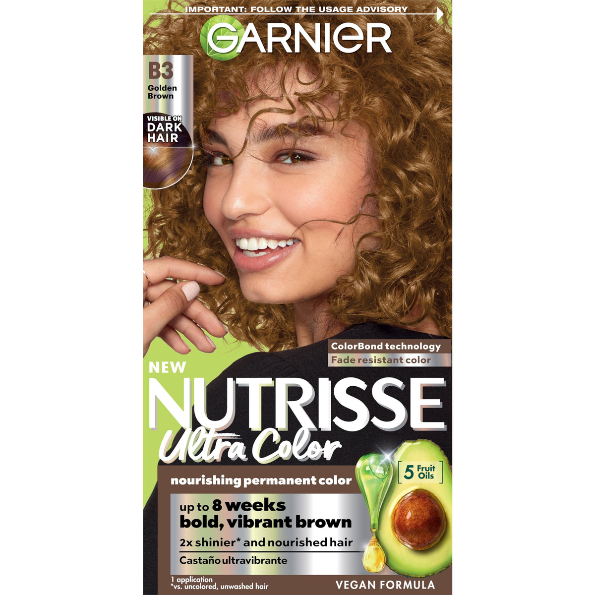 Garnier Nutrisse Ultra Color Nourishing Permanent Hair Color Cream, B3 Golden Brown (1 Kit) Brown Hair Dye (Packaging May Vary), Pack of 1 brown 1 count (Pack o