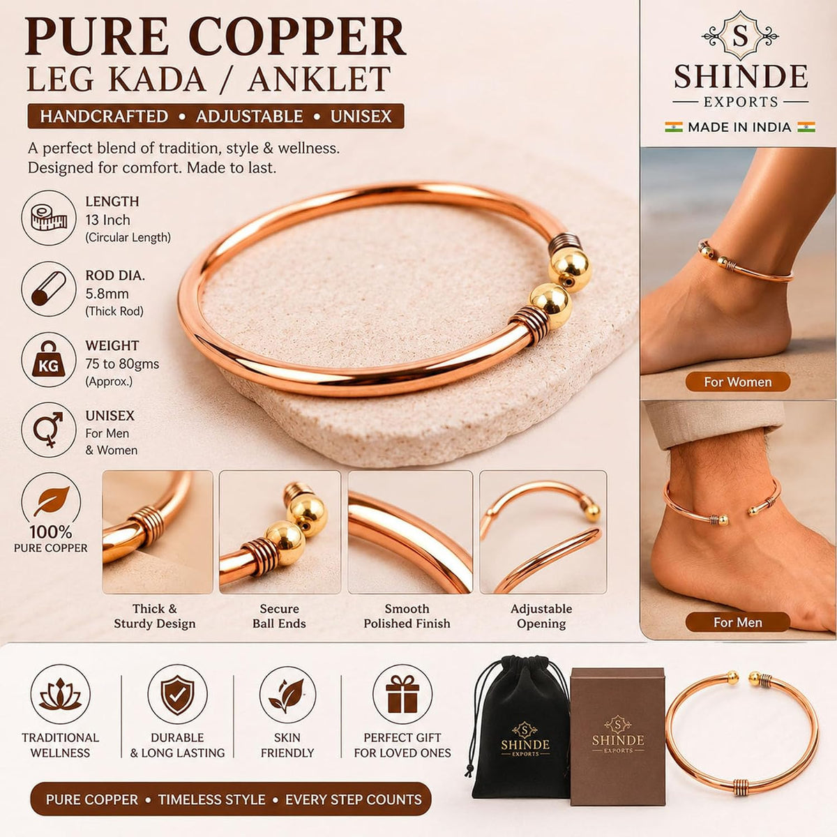SHINDE EXPORTS adjustable pure copper leg anklet bracelet kada for men and women indian jewelry 75gms 6mm rod