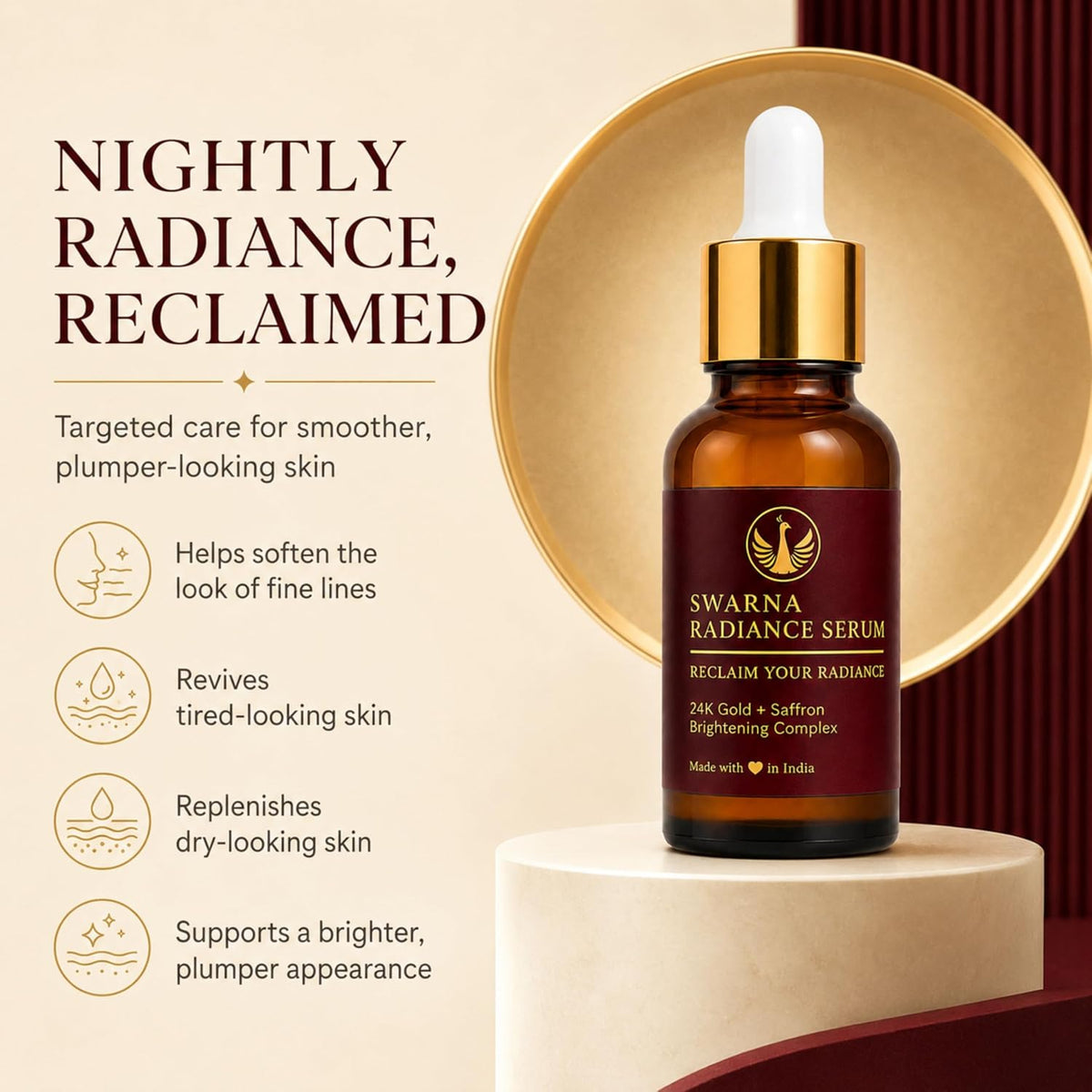 Swarna Radiance Serum | Siddha Inspired 24K Gold & Saffron Face Serum | Night Serum for Brightening, Fine Lines & Tired Looking Skin | With Lotus and Butterfly