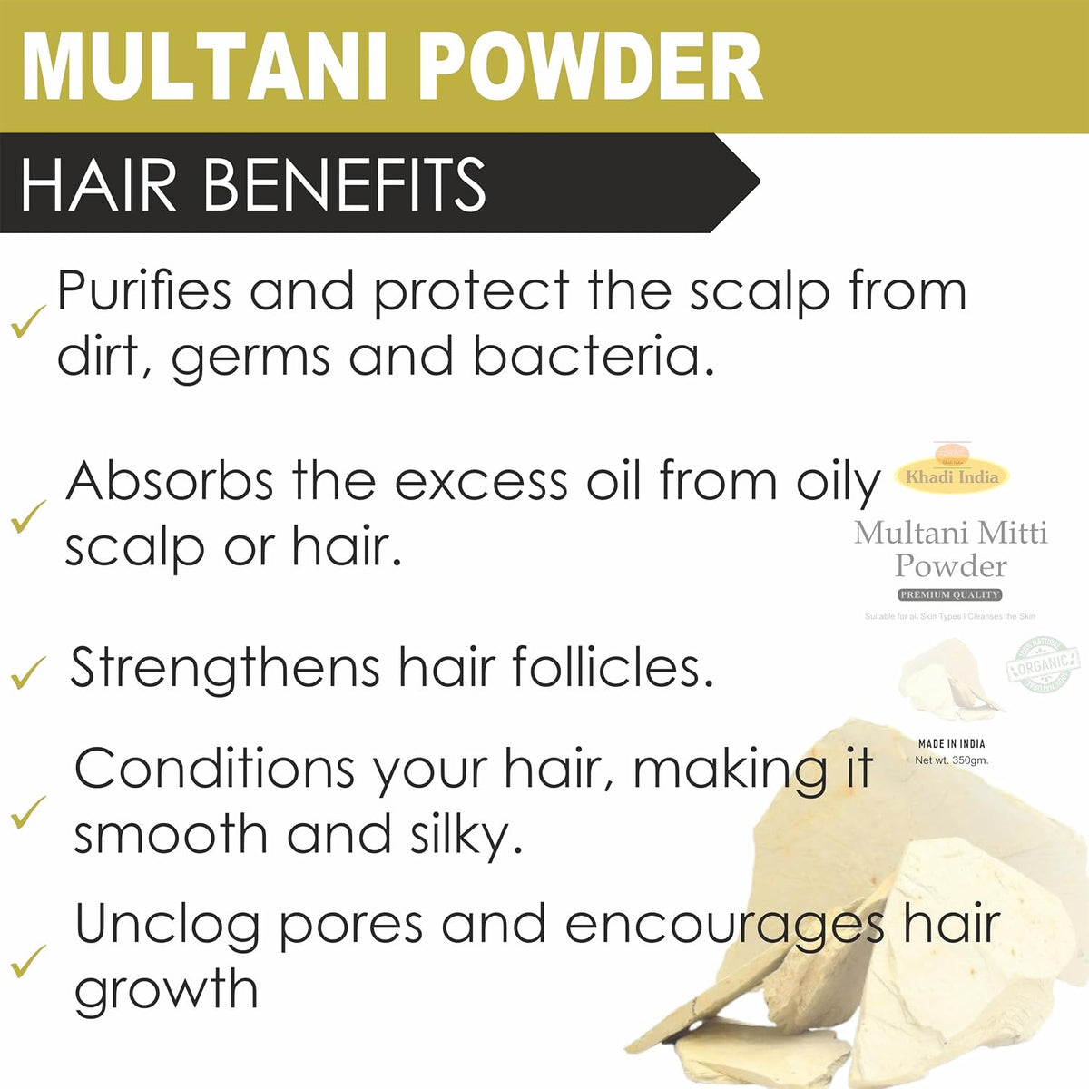 Khadi 100% Pure & Organic Multani Mitti Powder – Natural Clay for Deep Cleansing, Oil Control & Glowing Skin – Face & Hair Pack – 350g