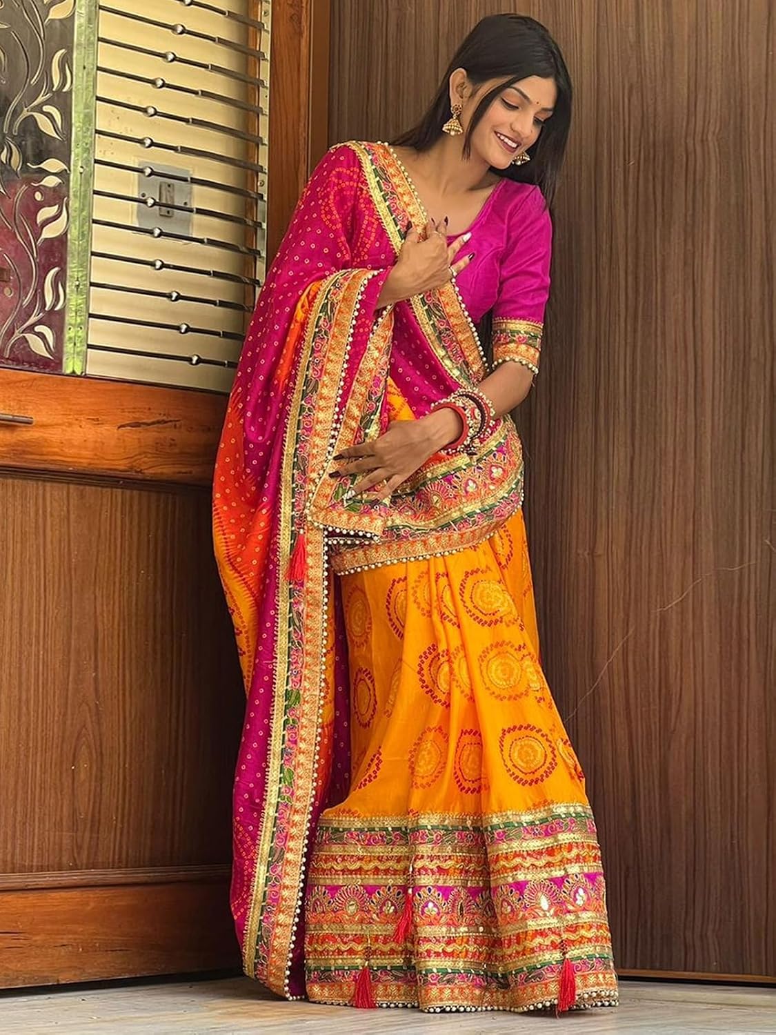 Women's Silk Sequin Embroidery Bandhani Printed Saree with Unstitched Blouse Piece