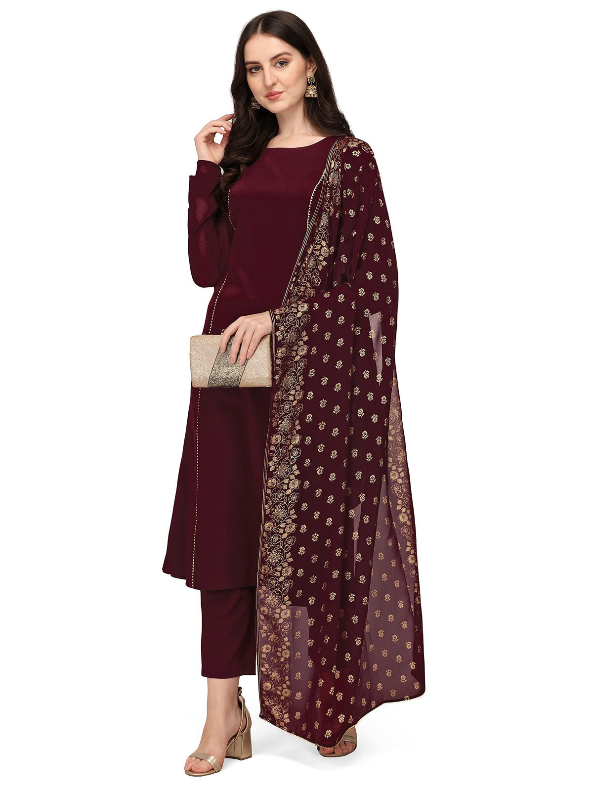 FIORRA Women's Maroon Poly Crepe A-Line Kurta Set With Dupatta XX-Large Maroon