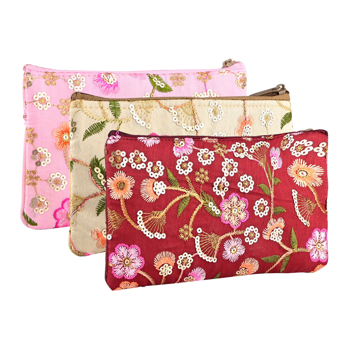 Kuber Industries 3 Pcs Traditional Hand Purse Ladies with Zip | Embroidery Wallet Purse for Women| Return Gift for Ladies | New Flower - Cream, Maroon & Light P