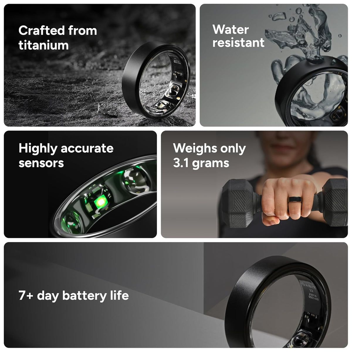 Gabit Smart Ring | Buy Sizing Kit First | AI Health & Fitness Tracker, Men, Women | Sleep, Stress, Nutrition, Steps, Heart Rate,VO2 Max | 7-10 Day Battery, Tita