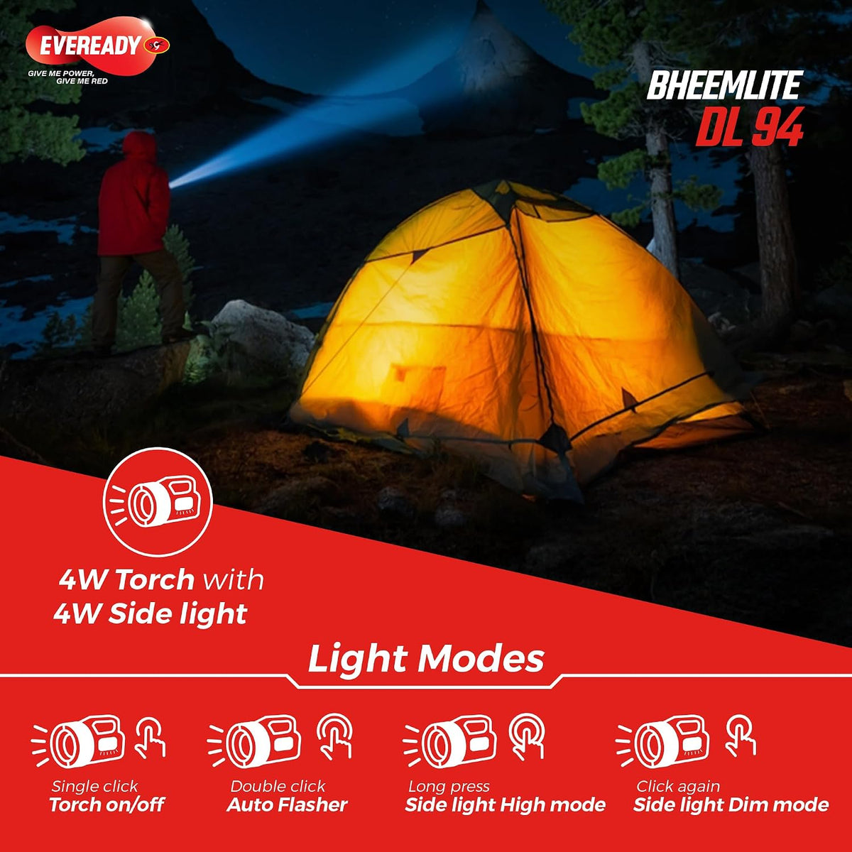 Eveready Bheemlite DL94 Rechargeable LED Torch & Sidelight, USB-C, 4 Modes