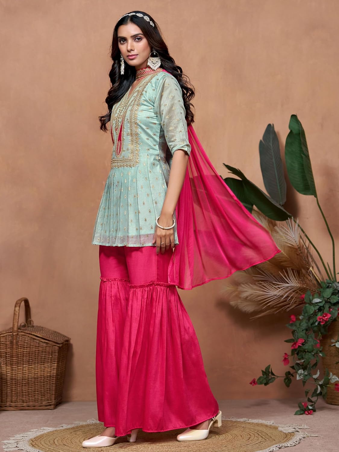 EthnicJunction Women's Chanderi Silk Embroidered A-Line Kurta Sharara with Choker Dupatta Set XX-Large