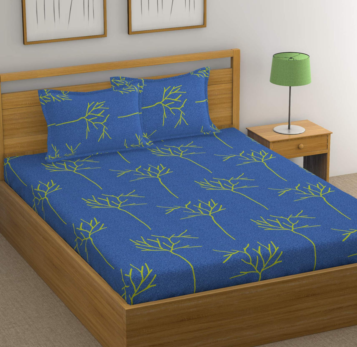 Huesland by Ahmedabad Cotton 144 TC Cotton Bedsheet for Double Bed with 2 Pillow Covers - Blue and Green Blue Double Floral