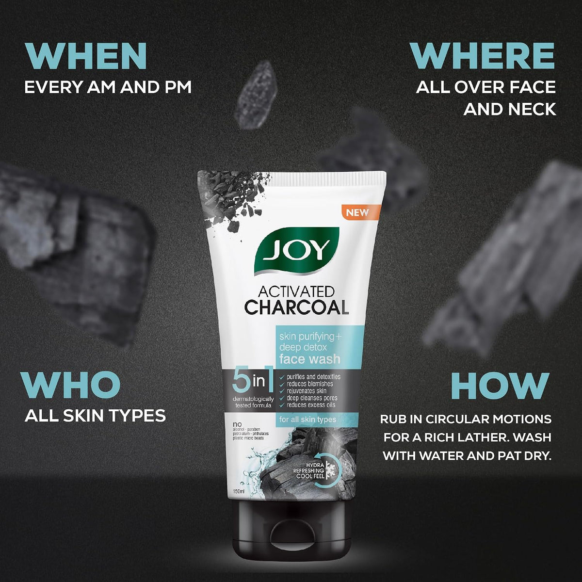 Joy Activated Charcoal Face Wash for Oily Skin 150ml x 2 | Controls Oil & Removes Dirt & Blackheads | Fights Pollution, Reduces Acne & Pimples For a Clearer & S