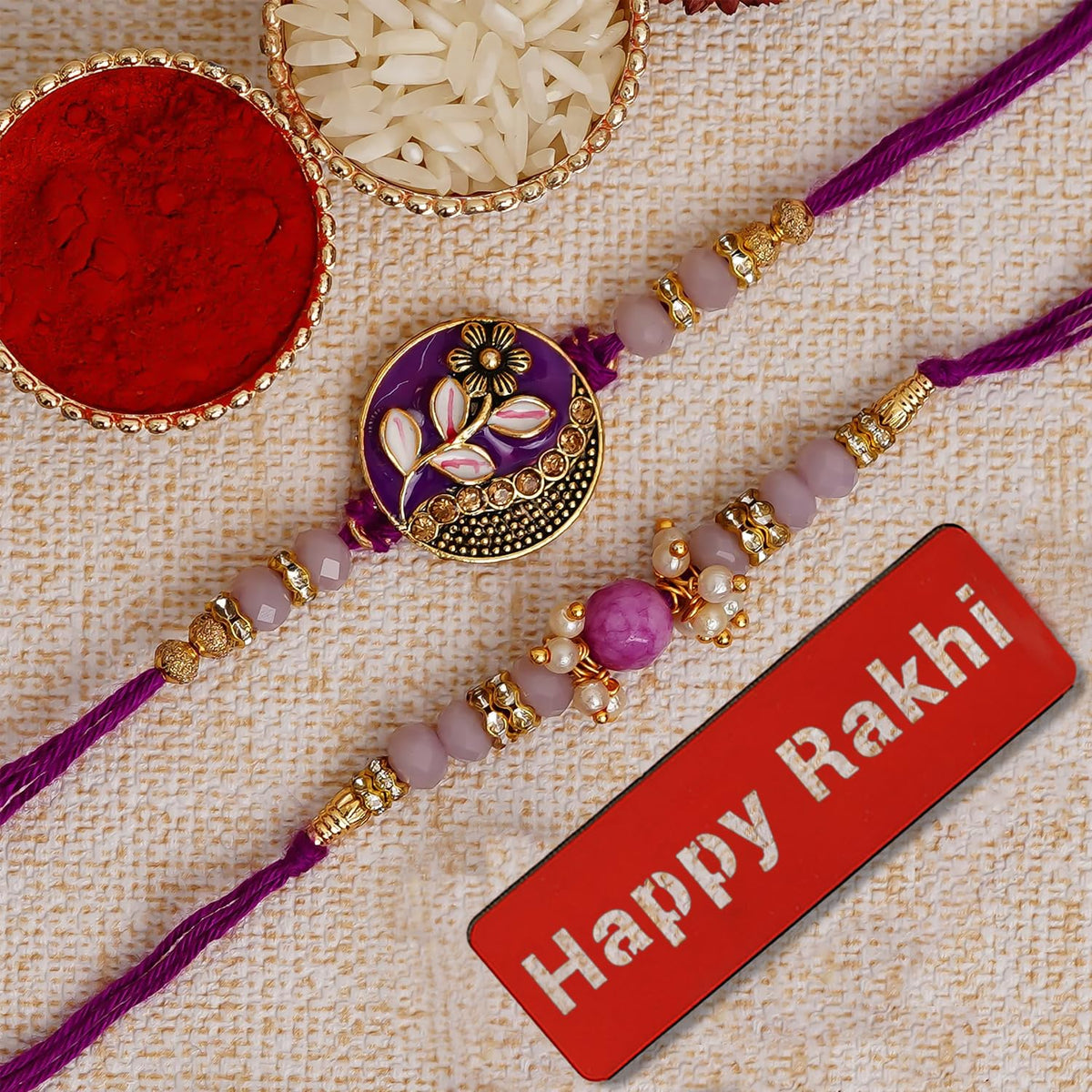 eCraftIndia Set of 2 Purple Floral & Pearl Designer Rakhis with Roli Chawal Pack and Best Bro Ever Fridge Magnet - Rakhi for Brother, Bhaiya, Bhai D1247P6WMDFHR