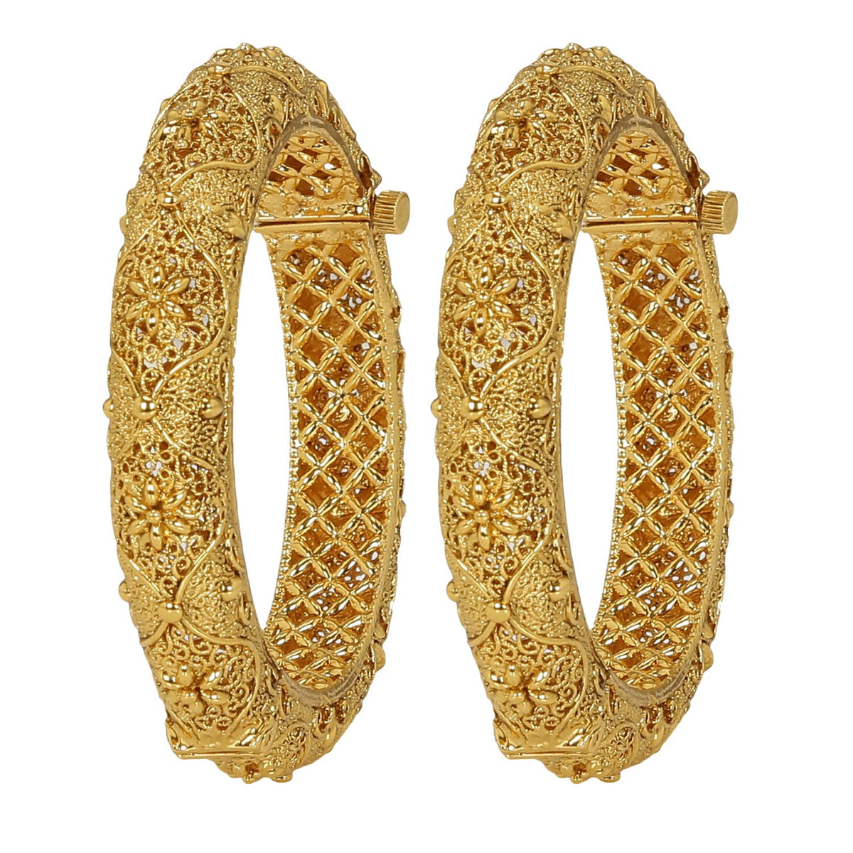 Accessher Set Of 2 Gold Plated Traditional Rajwadi Jewellery Inspired Ethnic Filigree Style Screw Closure Bangles/Festive Bangles For Women ideal Gift For Karwa