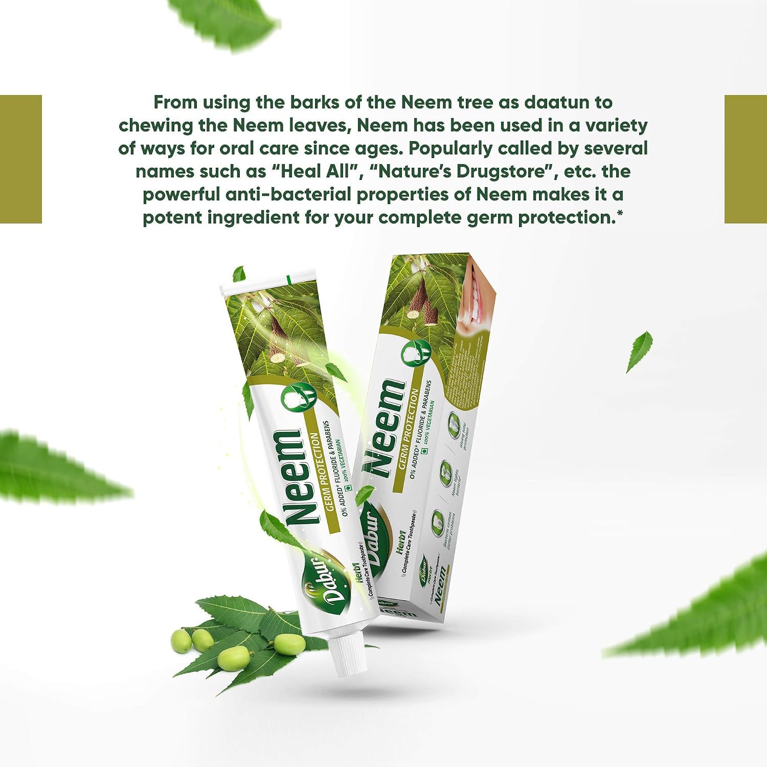 Dabur Herb'l Neem 300g (200g + 100g) - Germ Protection Toothpaste with No added Fluoride and Parabens