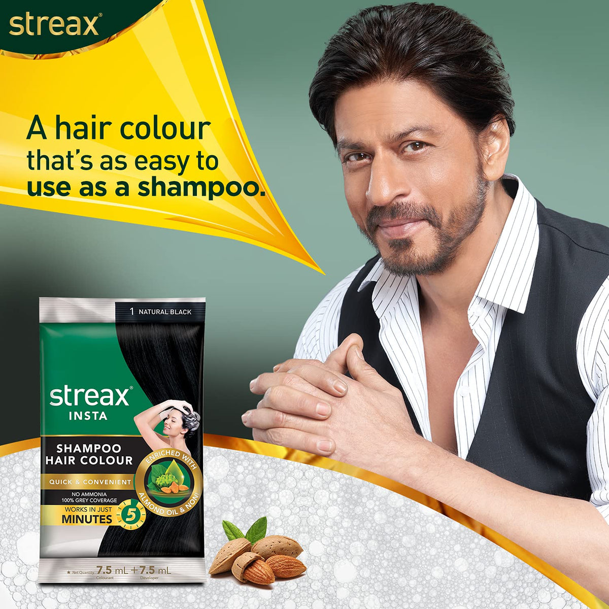 Streax Insta Shampoo Hair Colour for Men & Women, Natural Black, 18ml (Pack of 8) | Enriched with Almond Oil & Noni Extracts | Long-Lasting Instant Colour