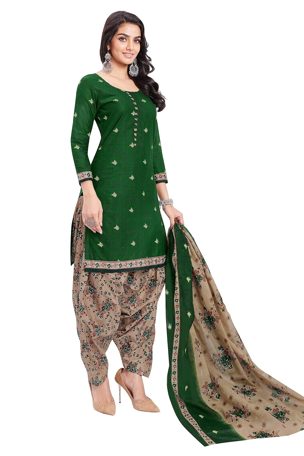 Miraan Cotton Printed Readymade Salwar Suit For Women (BANDCOLOR1710) S Green