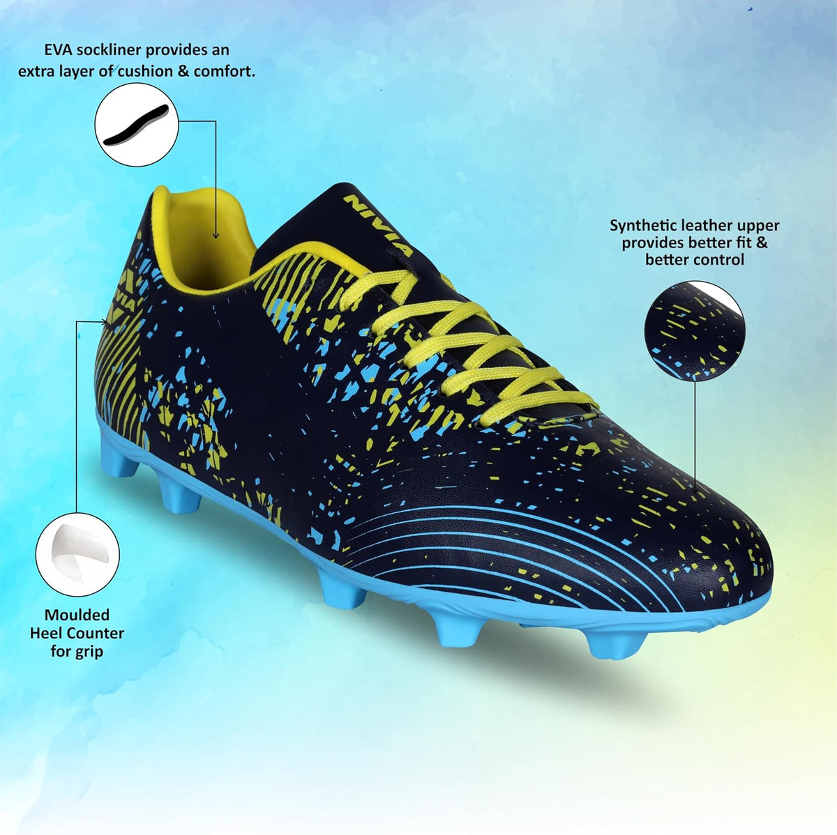 Nivia Goal Power Football Stud Shoe Foe Men/Sports and Soccer Shoe/Comfortable and Lightweight Navy Blue/Sky Blue 10 UK
