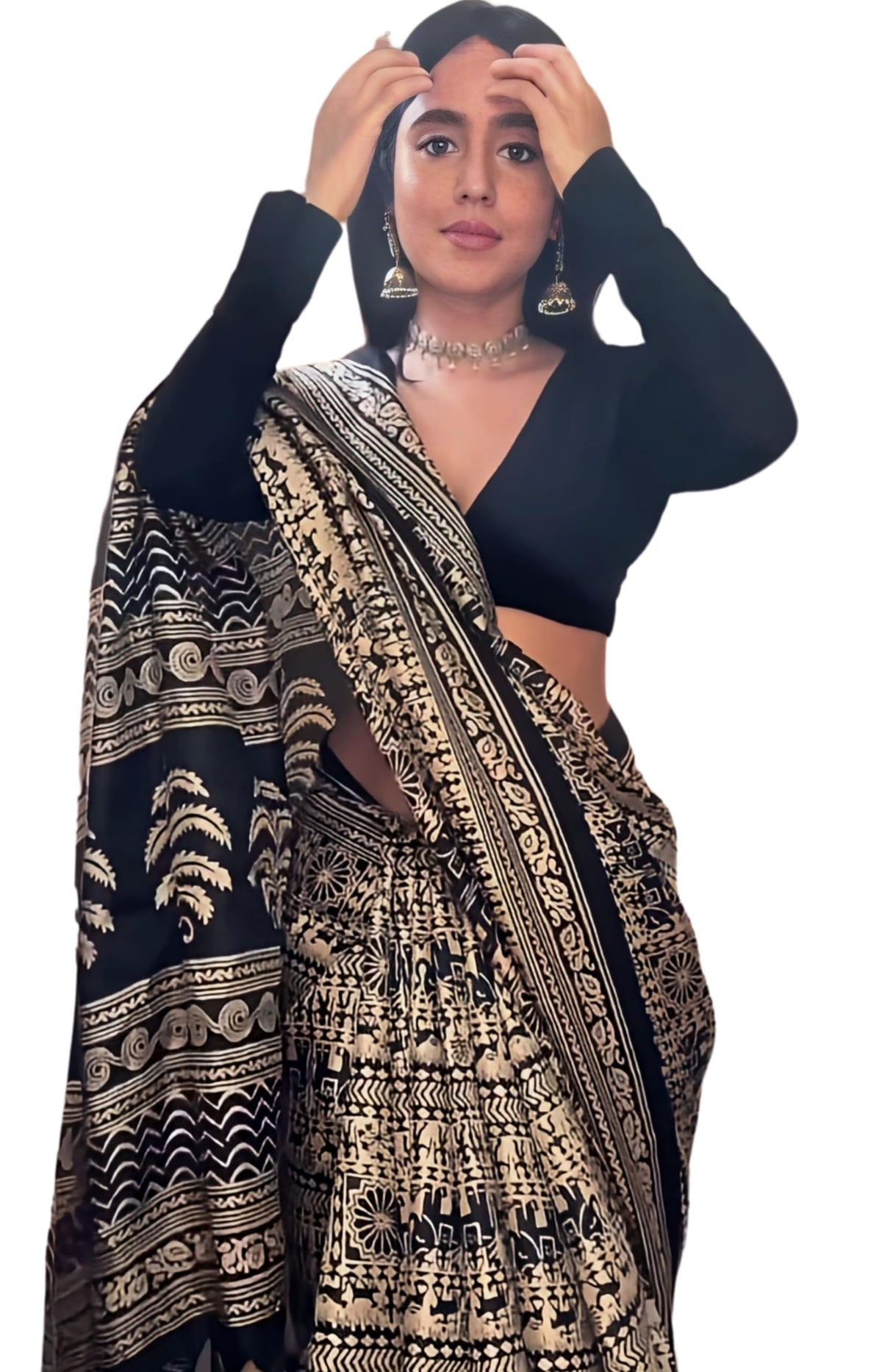 EthnicJunction Ladies Cotton Silk Kalamkari Print Sari with Blouse Jet Black & Beige