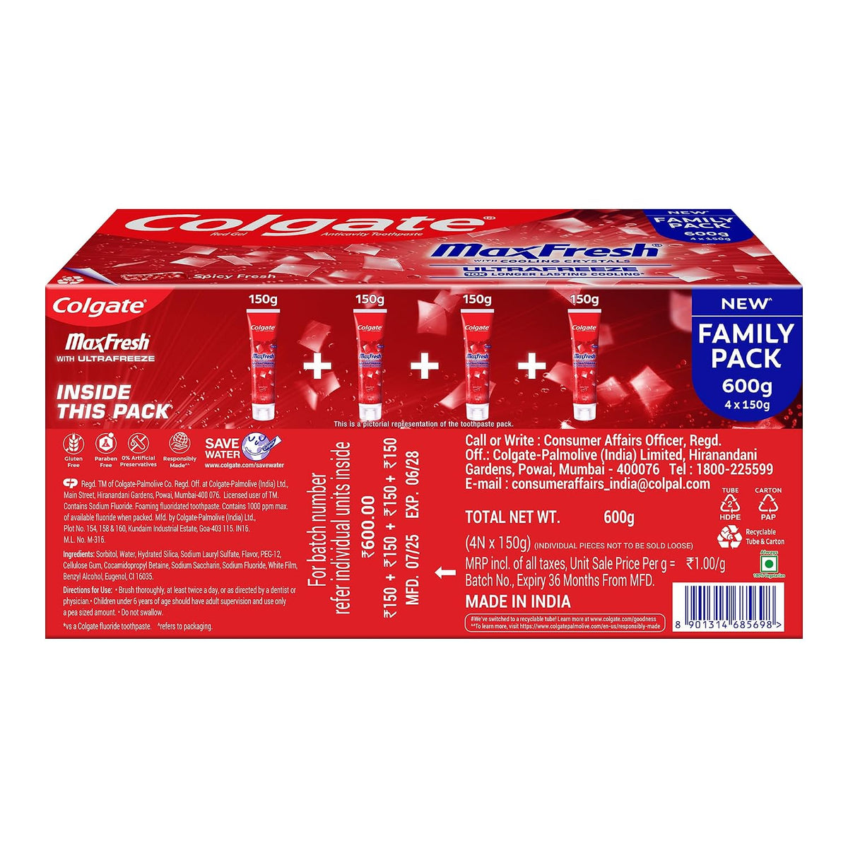 Colgate MaxFresh Toothpaste, Spicy Fresh Red Gel paste with Menthol for Super Fresh Breath, 600gm, Saver Pack