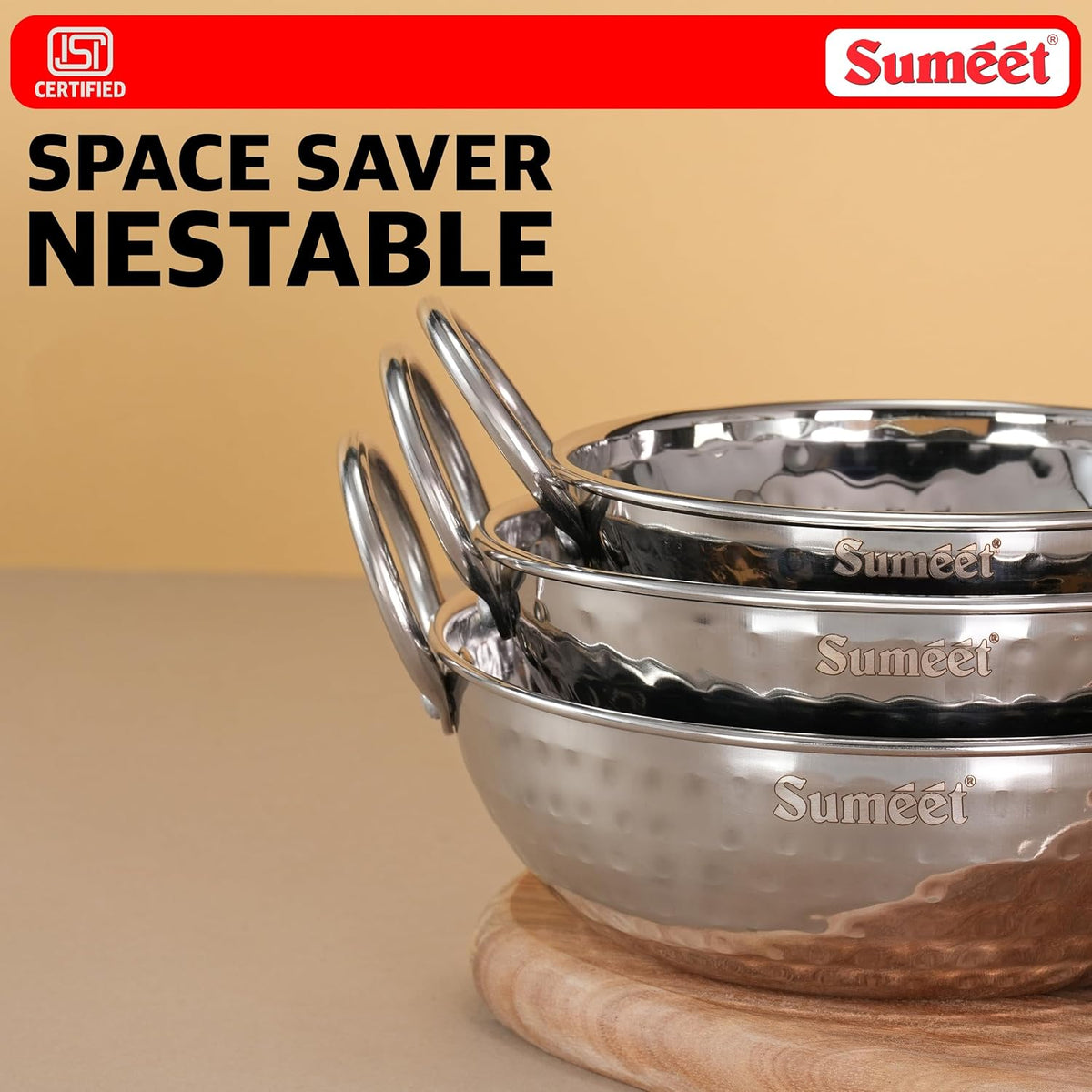 Sumeet ISI Certified Stainless Steel Mini Kadhai for Serving, Tadka - Hammered Kadai, Induction and Gas Stove Friendly, Small Size (Set of 3Pc, 350ml, 550ml, 75