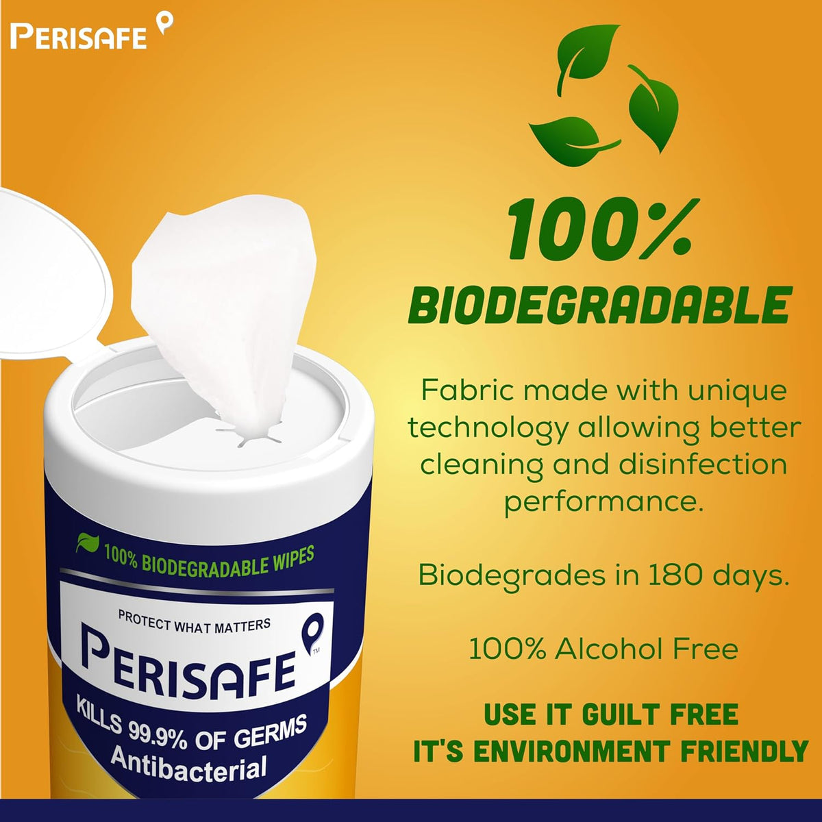 PERISAFE Multipurpose Disinfectant Wipe For Surfaces & Skin-100 Wipes | 100% Biodegradable Wipes | Antibacterial | 2-IN-1- Kills Germs & Cleans Tough Messes 1 c