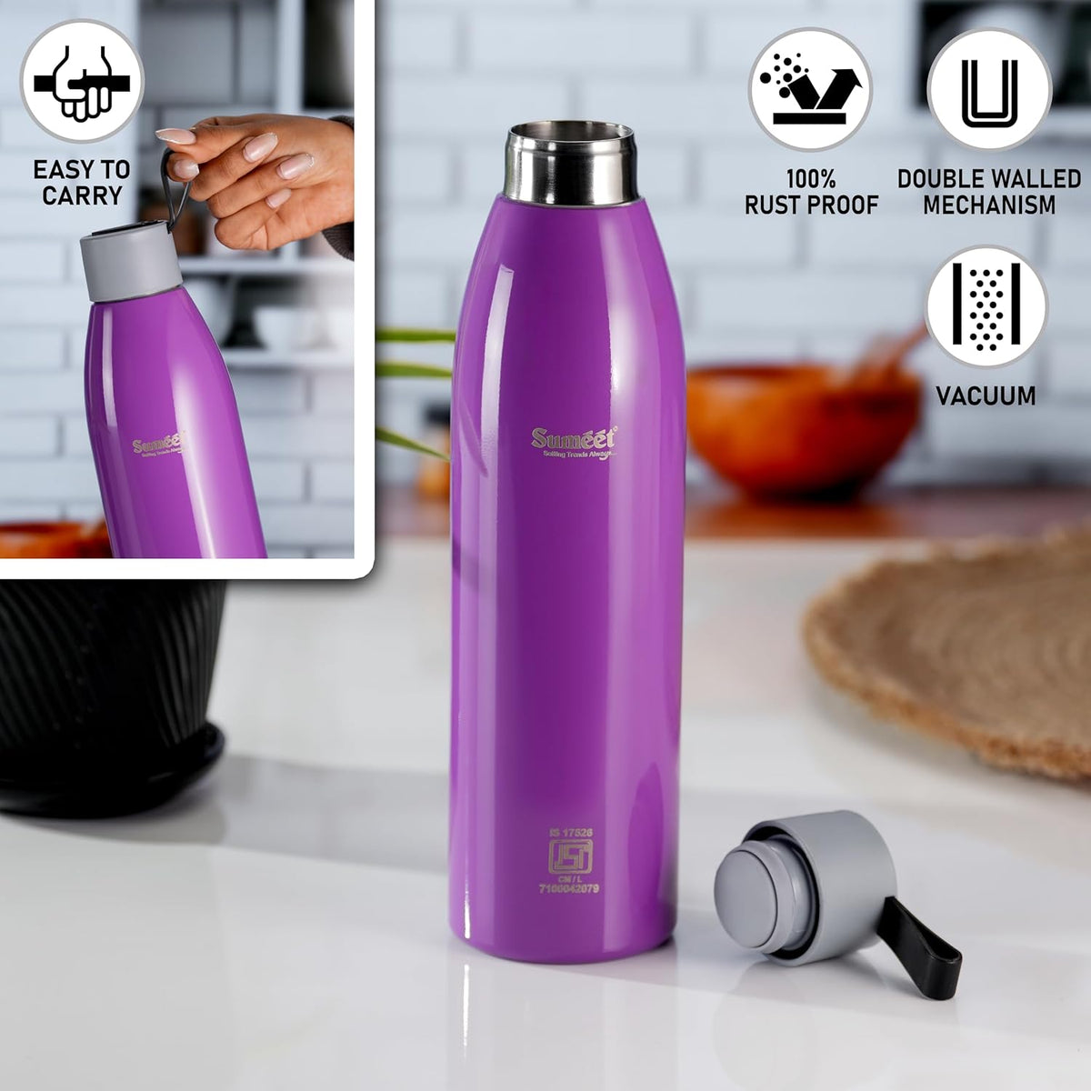 Sumeet Dew 24 Hrs Hot & Cold ISI Certified Stainless Steel Leak Proof Water Bottle for Office/School/College/Gym/Picnic/Home/Trekking -750ml, Pack of 1, Purple