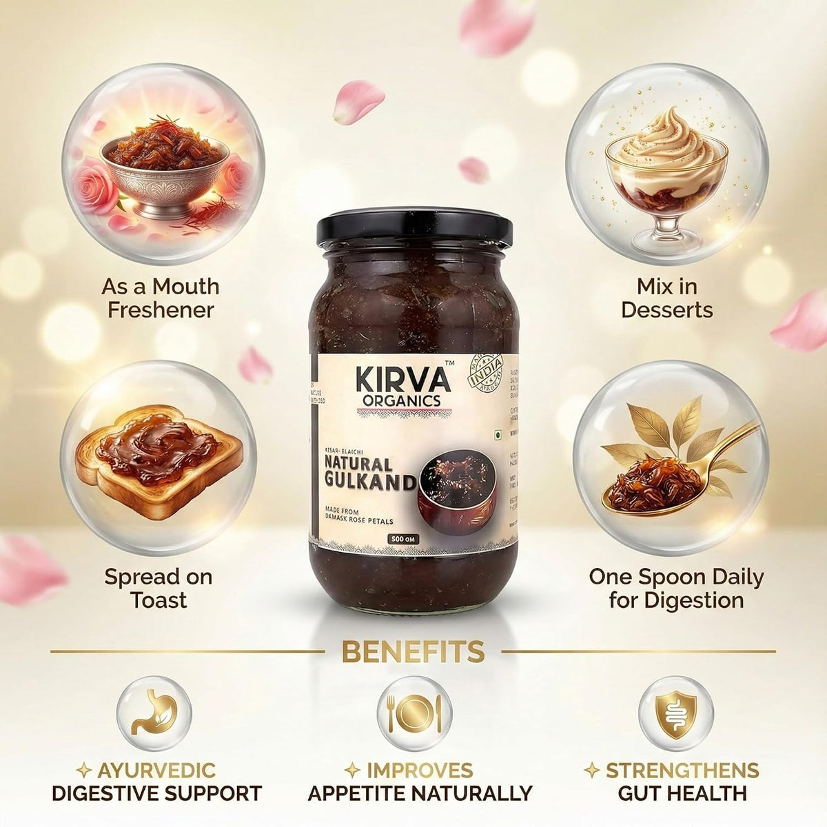 Kirva Organics Natural Gulkand 500g | Sun-Cooked Damask Rose Petals & Rock Sugar | Infused with Kesar & Elaichi | Ayurvedic Digestive & Natural Body Coolant | N