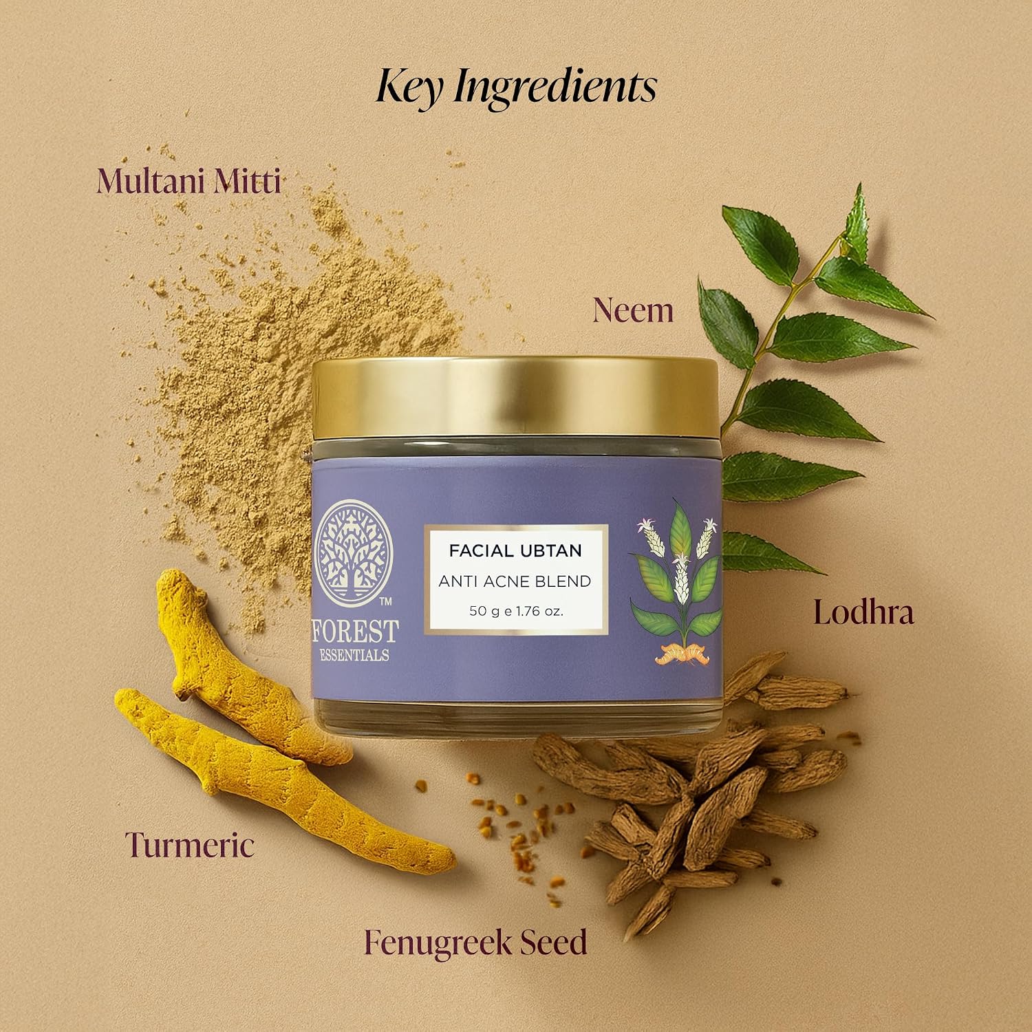 Forest Essentials Facial Ubtan Anti Acne Blend | Multani Mitti | Ayurvedic Face Pack for Acne Prone Skin | Removes Pigmentation, Blemishes, Acne Scars | With Neem & Turmeric, 50 gram