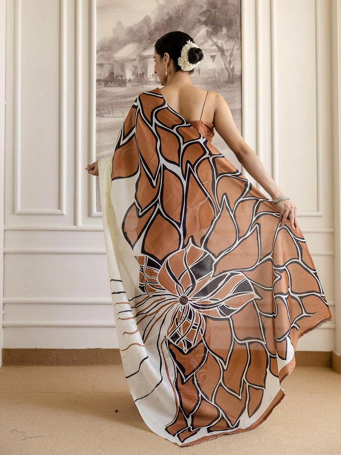 Samah Women'S Khadi Printed Saree With Unstitched Blouse Piece Brown & Off White