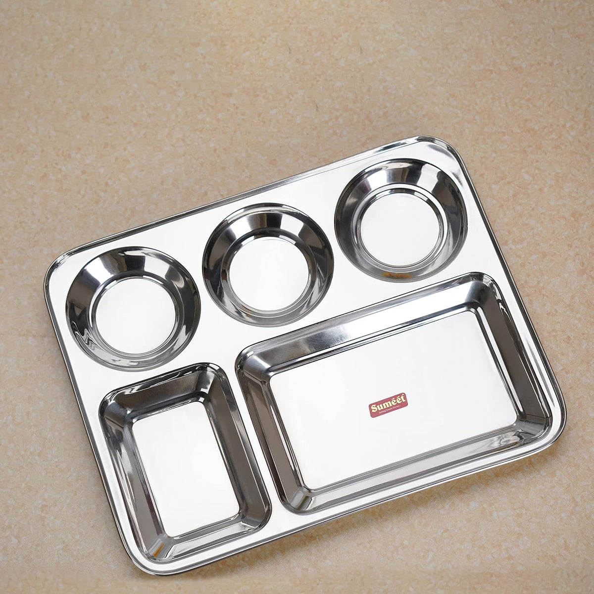 Sumeet Stainless Steel Rectangular 5 in 1 Compartment Lunch/Dinner Plate 1Pc, 37.4cm Dia, Silver BIG 1PC