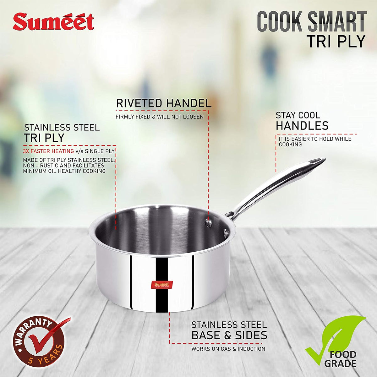 Sumeet Cook Smart Triply Steel-Aluminium-Steel - 3 Layers Sauce Pan - 1.7 LTR - 16Cm, Stainless Steel,Silver, 1700 Milliliter