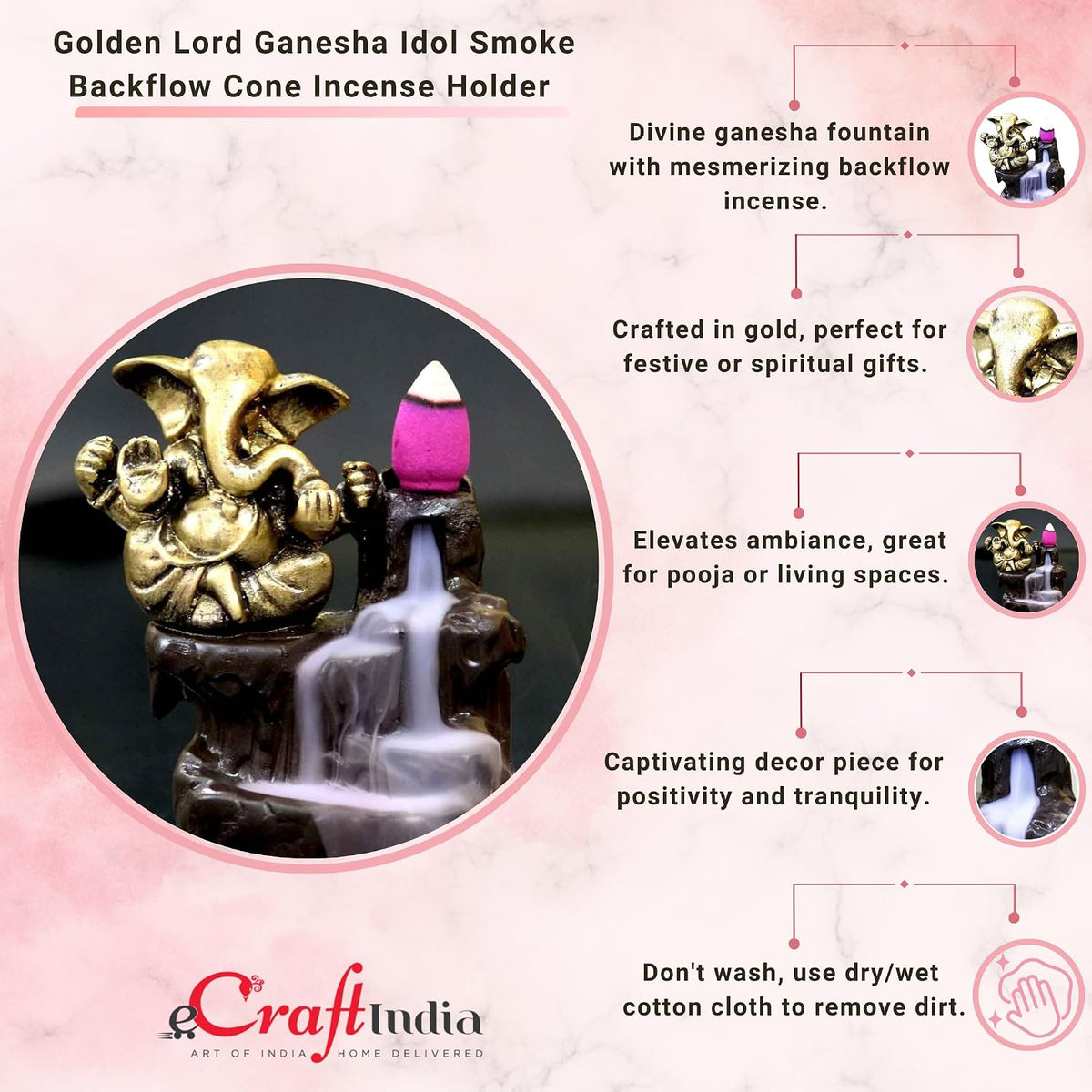 eCraftIndia Ganesha Smoke Backflow Incense Holder (3 cm x 3 cm x 5 cm, Brown) MSBIH119