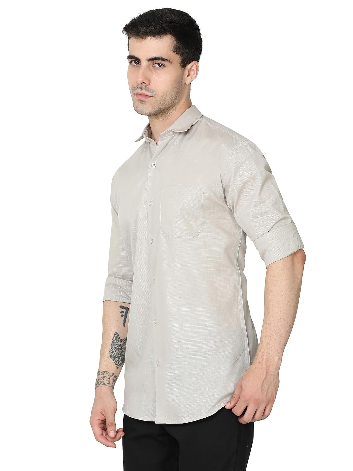 Miraan Men's Linen Cotton Long Sleeve Casual Regular Fit Shirt (Siglinen) White L