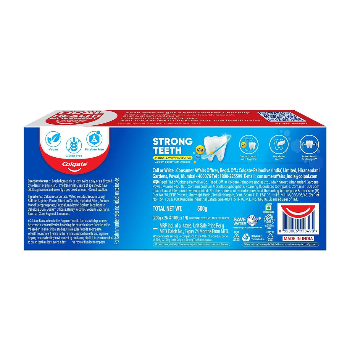 Colgate Strong Teeth, 500g (200g + 200g + 100g), Calcium-boost Tooth Paste for 2X Stronger Teeth, Protects Enamel, Whitens Teeth, Fresh Breath & Prevents Caviti