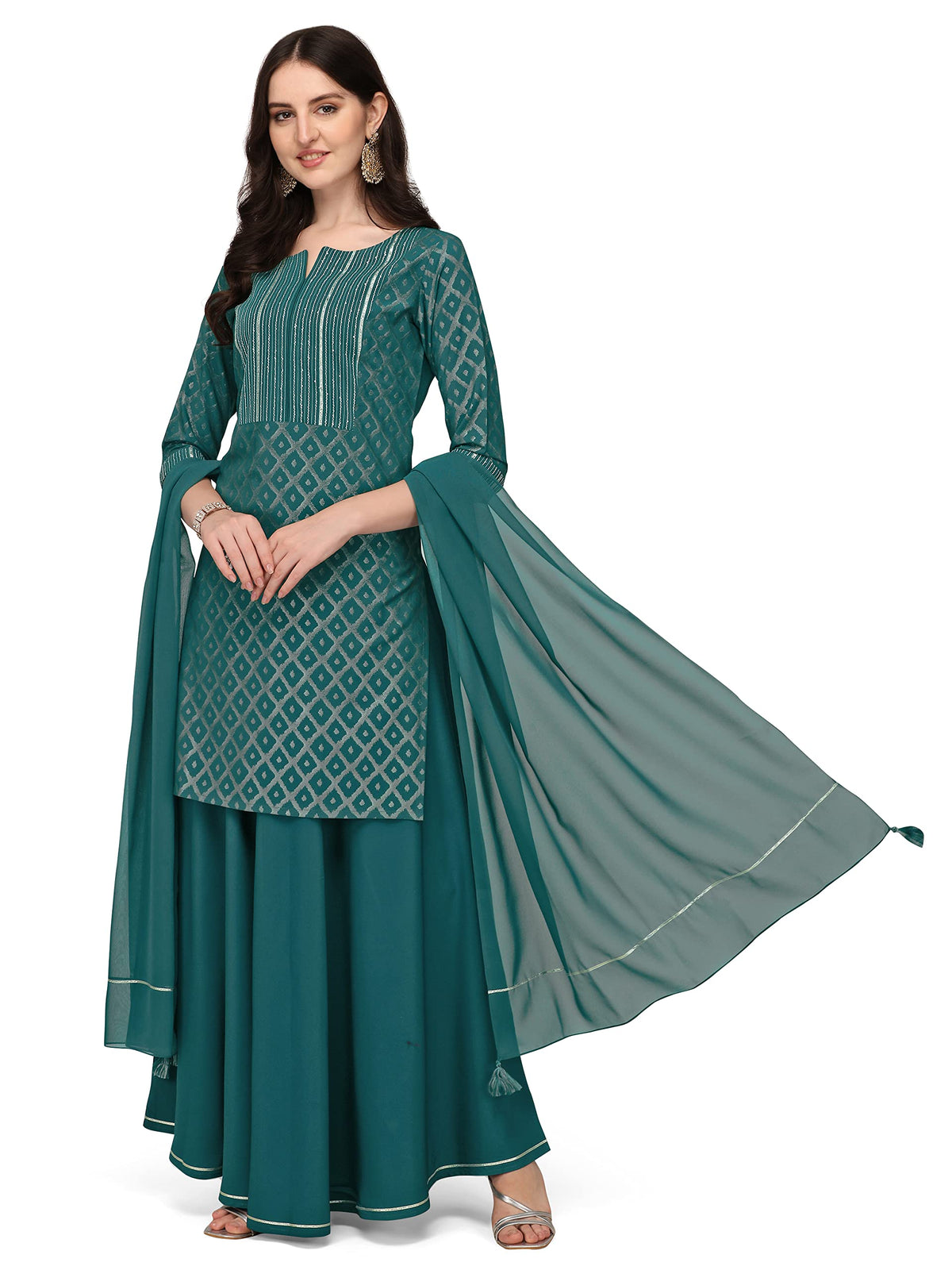 FIORRA Women's Crepe Straight Kurti Skirt With Dupatta Large Teal Green