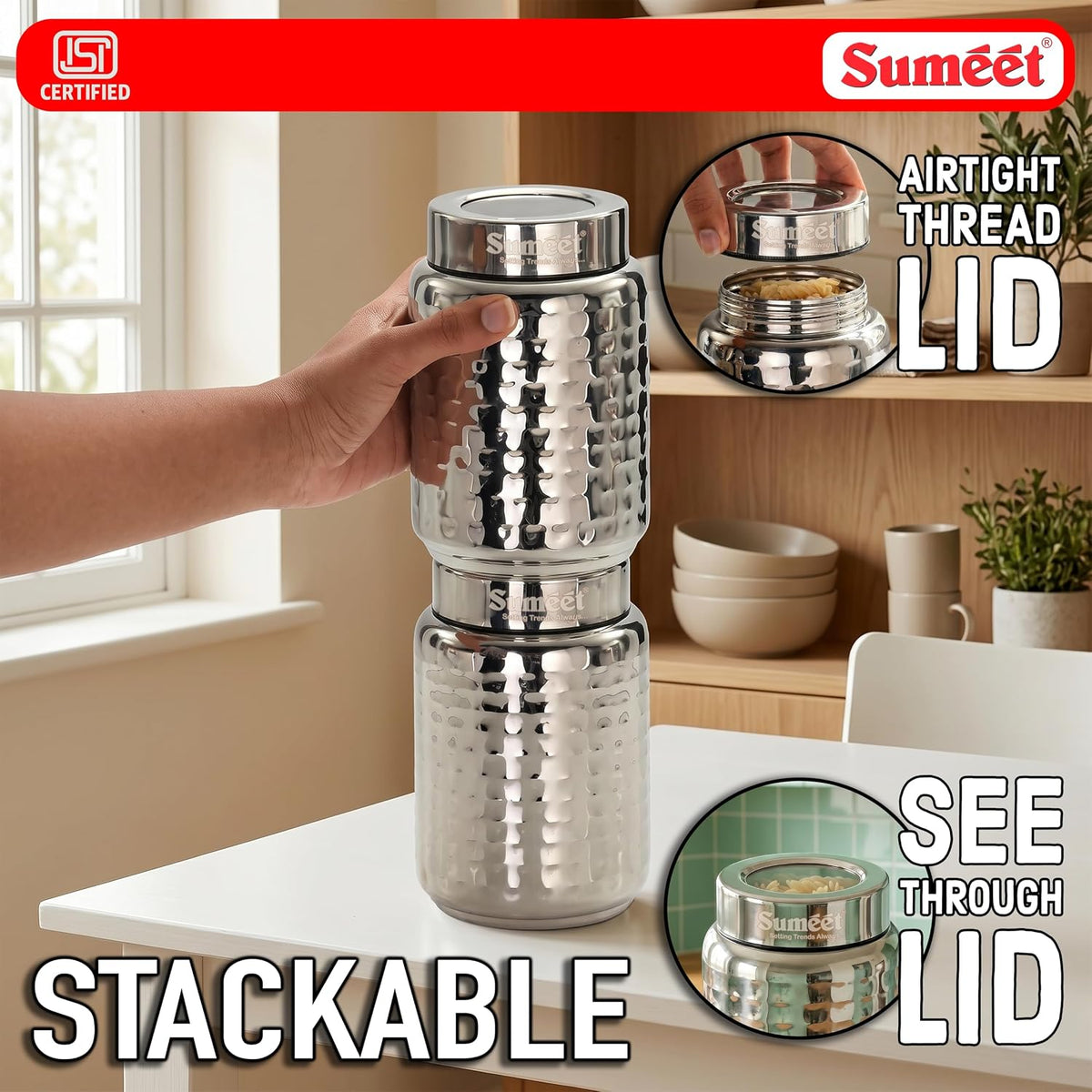Sumeet ISI Certified Stainless Steel Hammered Canister/Container for Kitchen Storage with See Through Lid Set of 2Pcs - 950ml, 10cm Dia, Silver 950ml 2Pc