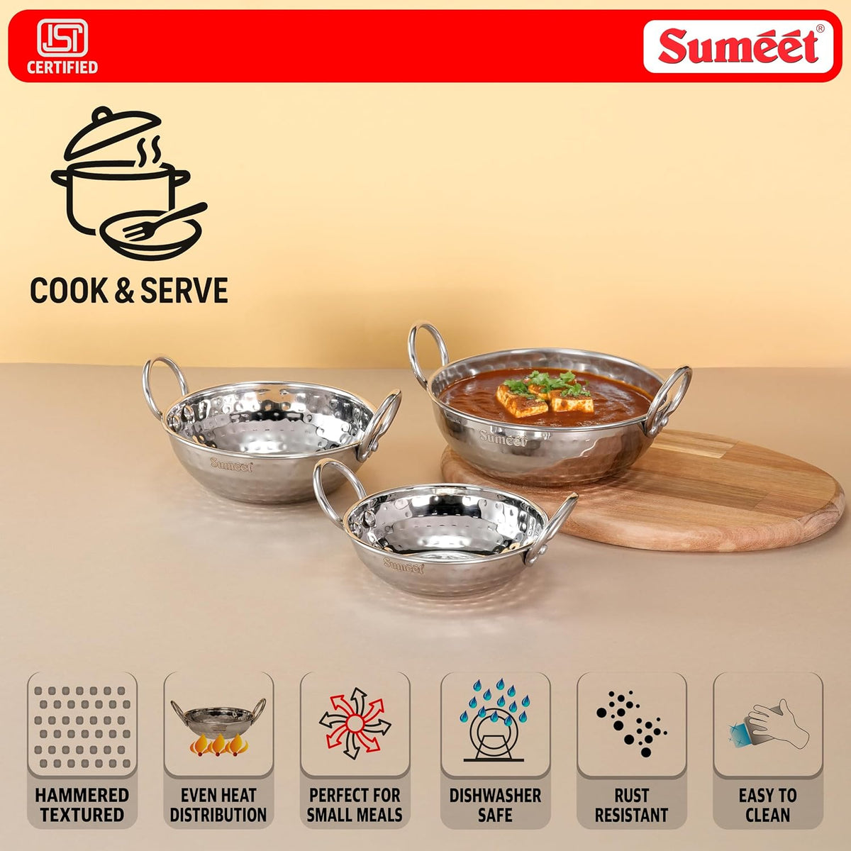 Sumeet ISI Certified Stainless Steel Mini Kadhai for Serving, Tadka - Hammered Kadai, Induction and Gas Stove Friendly, Small Size (Set of 3Pc, 350ml, 550ml, 75
