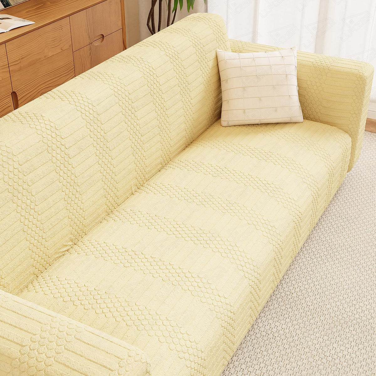 Lukzer 1 Seater Pastel Yellow Dotted Stripe Pattern Sofa Cover | 240 GSM Universal Stretch Fit Jacquard Fabric Couch Protector | Fully Covered Anti Slip & Washa